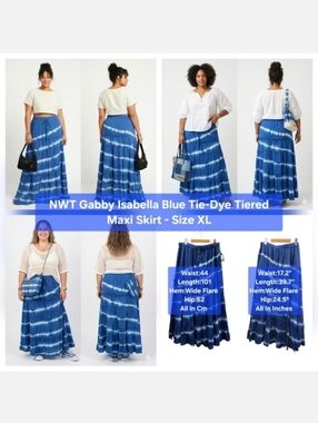 NWT Gabby Isabella Blue Tie-Dye Tiered Maxi Skirt Size XL
